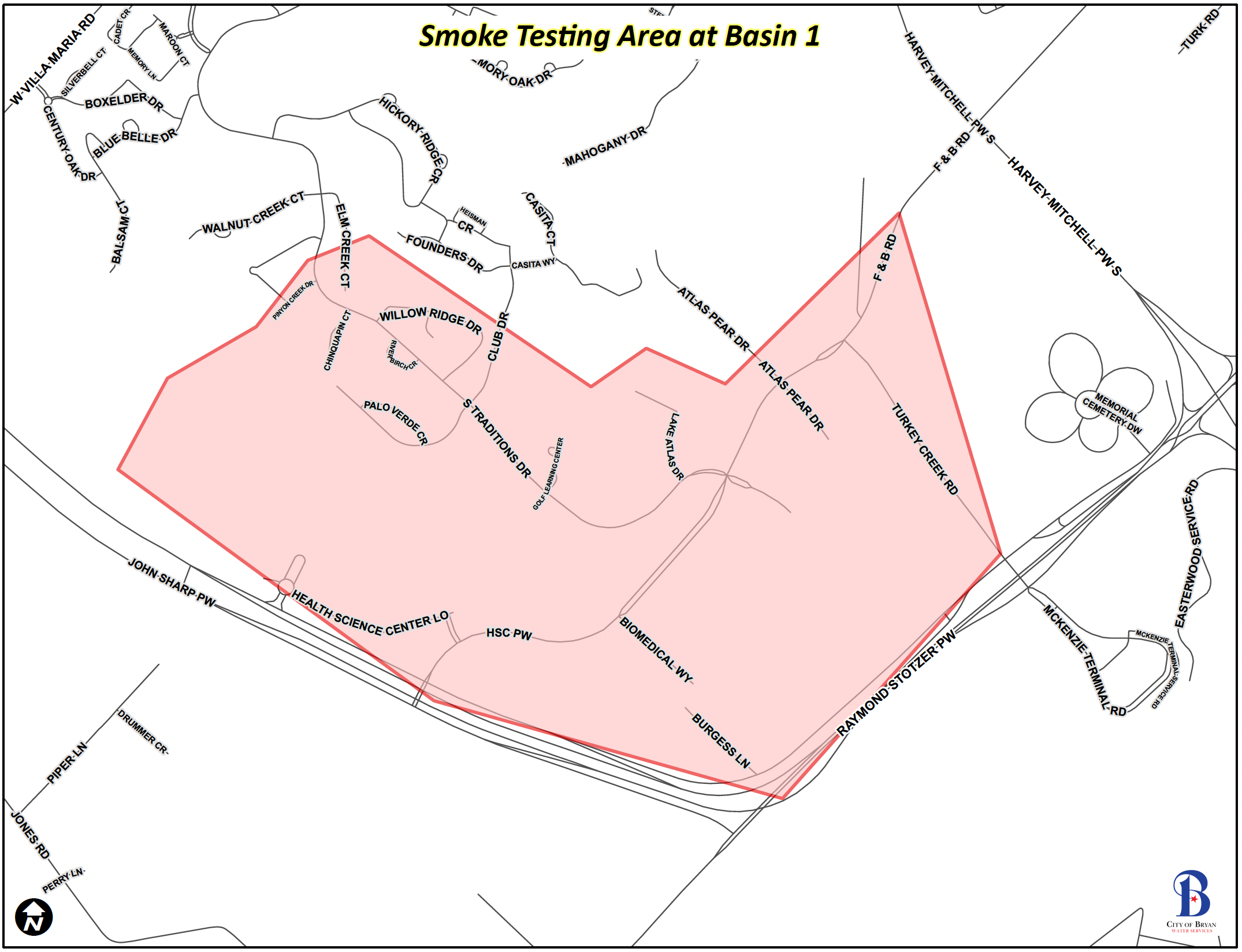 Map of smoke testing Basin 1 area